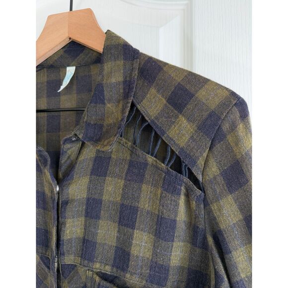 Free People Women's Snap Button Up Shirt Long Sleeve Green Blue Plaid Size M - Picture 2 of 11